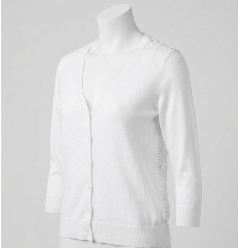 Christopher & Banks White Floral Lace‎ Back Cardigan 3/4 Sleeve Button Front L